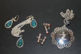 A SILVER CHAIN & PENDANT TOGETHER WITH A PAIR OF AMBER CUFFLINKS AND A BLUE STONE & SILVER JEWELLERY