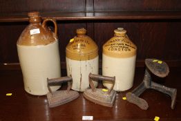 THREE VINTAGE STONEWARE FLAGONS TO INCLUDE FRANK FLINT AND JOHN SIMMS LTD., TOGETHER WITH TWO
