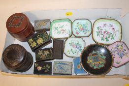 A BOX OF ENAMELLED PIN DISHES, LEATHER COATED CIGARETTE TINS AND MATCH BOX HOLDERS