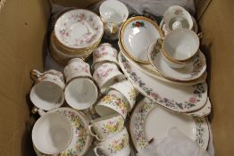 A BOX OF ASSORTED CHINA TO INCLUDE PARAGON, VICTORIANA ROSE, COLCLOUGH HEDGEROW ETC.