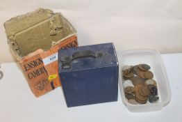 A TUB OF COLLECTABLE COINAGE AND BADGES TOGETHER WITH A BOXED ENSIGN CAMERA