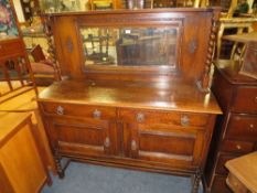 AN OAK BARLEYTWIST MIRROR BACKED SIDEBOARD A/F