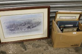 A BOX OF ASSORTED PICTURES AND PRINTS, ANTIQUE MAPS, LOCOMOTIVE INTEREST PRINTS ETC TOGETHER WITH