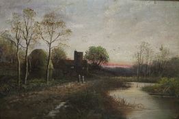 H. WILLIAMS (XIX-XX). Wooded river landscape at twilight with figures, church and haystack, signed