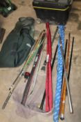 A SELECTION OF FISHING RODS TO INCLUDE MILBRO, WADERS PLUS A LARGE TOOLBOX ETC
