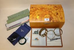 A MODERN DOME TOPPED JEWELLERY CASKET CONTAINING A COLLECTION OF CLOISONNE STYLE CHOP STICKS, TUNING