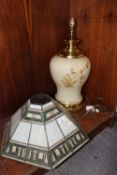 A TIFFANY STYLE HEXAGONAL LAMP SHADE, DIA. 45CM, (A/F, RESTORATION TO GLASS PANELS) TOGETHER WITH