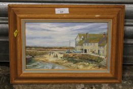 A SMALL PINE FRAMED OIL ON BOARD OF A COASTAL HARBOUR SCENE, SIGNED LOWER RIGHT I.BRISLEY