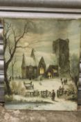 AN UNFRAMED ANTIQUE STYLE PRINT OF A WINTER CHURCH SCENE H 42 CM BY W 34 CM