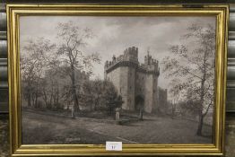 A GILT FRAMED OIL ON BOARD OF LANCASTER CASTLE SIGNED ARTHUR KNOWLES LOWER RIGHT H 31 CM BY W 46 CM
