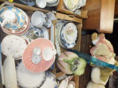 TWO TRAYS OF ASSORTED CERAMICS TO INCLUDE LARGE ROYAL ALBERT MOONLIGHT ROSE PLATTER , DENBY ETC
