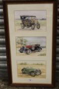 A THREE IN ONE FRAME WATERCOLOUR DEPICTING CLASSIC MOTOR CARS SIGNED VAL SAMUELS SIZES - 14CM X 21.