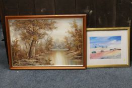 A LARGE FRAMED OIL ON CANVAS OF A RIVER SCENE SIGNED I.CAFIERI LOWER LEFT TOGETHER WITH A FRAMED AND