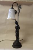 A RESIN FIGURAL TABLE LAMP WITH GLASS SHADE, OVERALL HEIGHT 68 CM