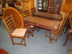 A LARGE EDWARDIAN MAHOGANY DINING TABLE WITH SIX MODERN DINING CHAIRS, AS FOUND, VARNISHED TOP