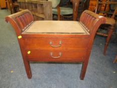 A MAHOGANY TWO DRAWER PIANO STOOL
