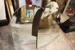 THREE MIRRORS TO INCLUDE AN ARCHED TOPPED WALL MIRROR, SHIELD SHAPED DRESSING TABLE MIRROR ETC