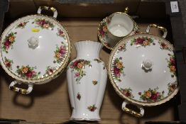A TRAY OF ROYAL ALBERT OLD COUNTRY ROSES CHINA TO INCLUDE A PAIR OF TUREENS