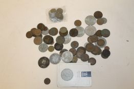A BAG OF ANTIQUE AND LATER COINAGE TO INCLUDE AN 1889 VICTORIAN SILVER CROWN, 1881 ONE DOLLAR ETC.
