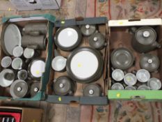 THREE TRAYS OF DENBY CHEVRON CHINA, TO INCLUDE TEAPOT, DINNER PLATES, ETC