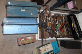 A TRAY OF TOOLS AND PARTS ETC PLUS TWO TOOLBOXES WITH CONTENTS