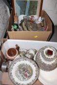 TWO BOXES OF CHINA & COLLECTABLES TO INC VINTAGE CAMERAS, WADE CERAMICS ETC