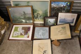 A COLLECTION OF PICTURES AND PRINTS TO INCLUDE NEEDLEWORKS, DAVID SHEPHERD PRINT ETC