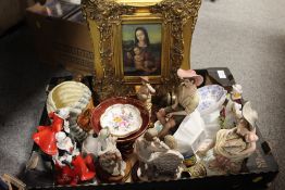 A BOX OF CERAMICS TO INCLUDE ROYAL CROWN DERBY, MINTON, FIGURES ETC TOGETHER A GILT FRAMED PRINT