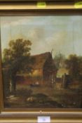 AN ANTIQUE GILT FRAMED OIL ON CANVAS DEPICTING A RURAL RIVER SCENE INDISTINCTLY SIGNED LOWER CENTRE,
