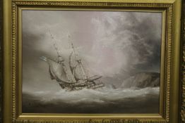 A GILT FRAMED OIL ON BOARD OF A SAIL SHIP ON CHOPPY WATERS SIGNED LOWER LEFT P J WINTRIP, H 35.5