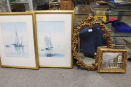 A GILT FRAMED OVAL WALL MIRROR TOGETHER WITH A PARISIAN SCENE OIL ON CANVAS SIGNED BURNETT PLUS A PA