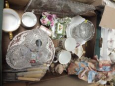 A BOX OF CERAMICS AND GLASSWARE TO INCLUDE AYNSLEY, COALPORT, BISQUE FIGURES ETC