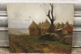 A SMALL UNFRAMED OIL ON BOARD ENTITLED CORNER OF STACK YARD, FIFE INDISTINCTLY SIGNED LOWER RIGHT, H