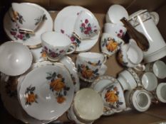 A BOX OF ASSORTED CHINA TO INCLUDE DELPHINE AND COLCLOUGH EXAMPLES