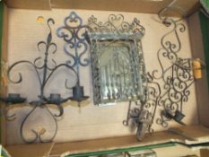 A BOX OF WIREWORK WALL SCONCES TOGETHER WITH AN UNUSUAL GATED WALL MIRROR
