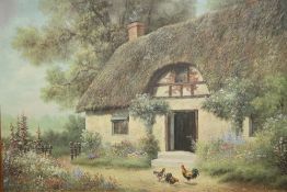 A LARGE GILT FRAMED OIL ON CANVAS DEPICTING CHICKENS BEFORE A THATCHED COTTAGE SIZE - 91.5CM X 61CM