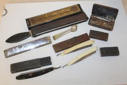 A BOX OF VINTAGE CUT THROAT RAZORS, KROPP DUPLEX RAZOR STROP, HARMONICA ETC.