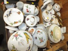 TWO TRAYS OF ROYAL WORCESTER EVESHAM CHINA, TOGETHER WITH A PAIR OF BRASS CANDLE STICKS