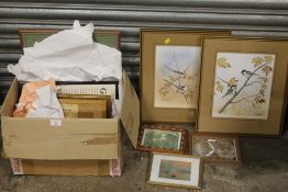 A BOX OF ASSORTED PRINTS TOGETHER WITH A PAIR OF FRAMED AND GLAZED ORNITHOLOGICAL WATERCOLOUR