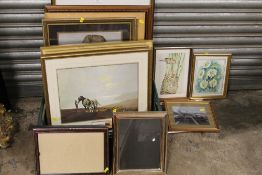 A BOX OF PICTURES AND PRINTS TO INCLUDE AN OIL ON BOARD, WATERCOLOUR OF DAISIES, LIMITED EDITION