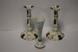 A PAIR OF ENGLISH ENAMEL ON COPPER HAND PAINTED CANDLESTICKS WITH GILT MOUNTS TOGETHER WITH