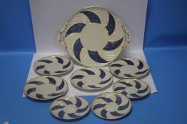 EIGHT BELLEEK BLUE AND CREAM PLATES AND SAUCERS WITH BLACK MARKS TO BASE
