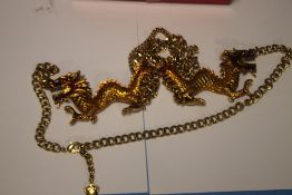 BUTLER AND WILSON BOXED GOLD TONE ENAMEL DOUBLE DRAGON NECKLACE