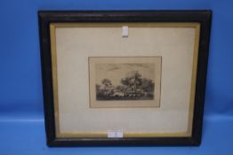 A SMALL FRAMED AND GLAZED ENGRAVING OF A COUNTRY SCENE 39 CM X 35 CM