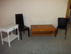 FOUR ITEMS TO INCLUDE A COFFEE TABLE, SIDE TABLE AND TWO DESIGNER CHAIRS