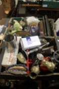 TWO TRAYS OF ASSORTED METALWARE, COLLECTABLES ETC TO INCLUDE BRASS (TRAYS NOT INCLUDED)