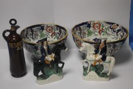TWO FLORAL BOWLS, TOGETHER WITH TWO STAFFORDSHIRE STYLE FLAT BACKS AND A DEWARS BOTTLE