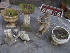 A SELECTION OF SIX ITEMS INCLUDING CONCRETE / STONE PLANTERS AND STATUES