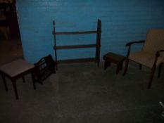 FOUR ITEMS TO INCLUDE AN ANTIQUE OAK BOOKSHELF, A CHAIR, STOOL, TABLE ETC.