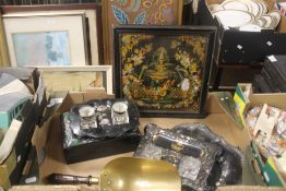 A BOX OF JAPANNED WARE AND A BRASS SCOOP